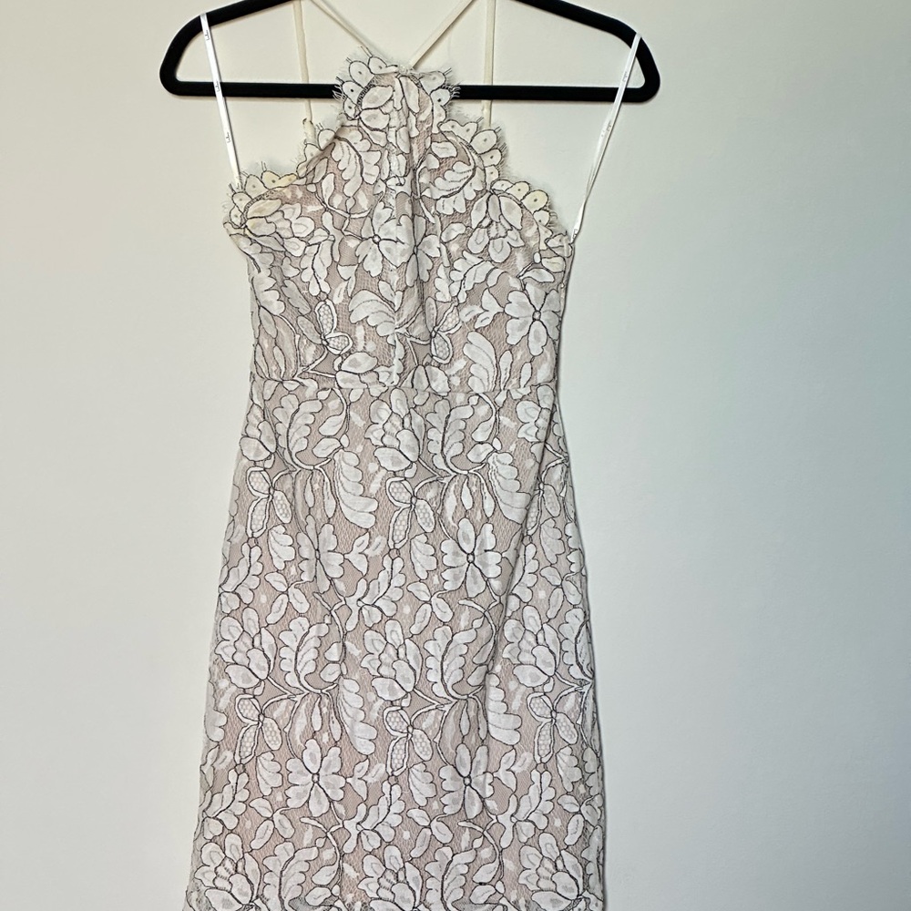 Lulu’s Elegant Lace Halter Short Dress Ivory Black Floral Classy Mini Size XS - Picture 2 of 4